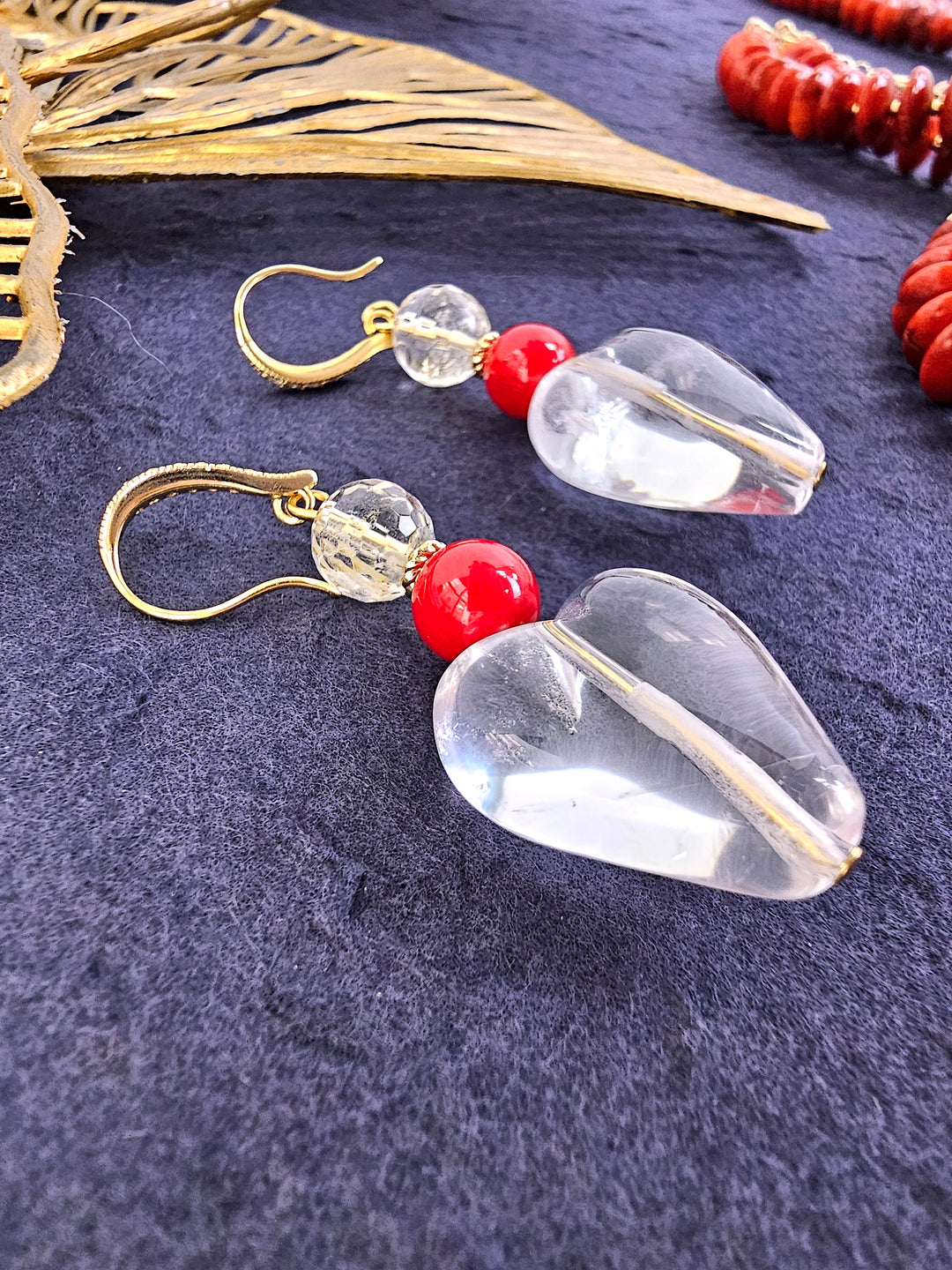 Heart White Quartz With Red Bamboo Coral Earrings QE021