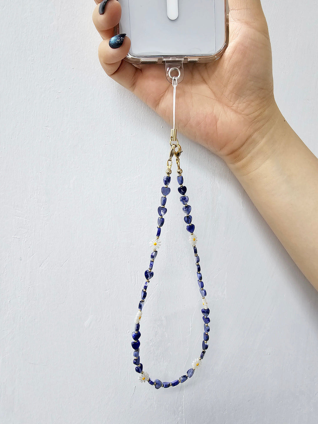 Heart Shaped Sodalite With Shell Flower Gemstone Phone Strap PC073