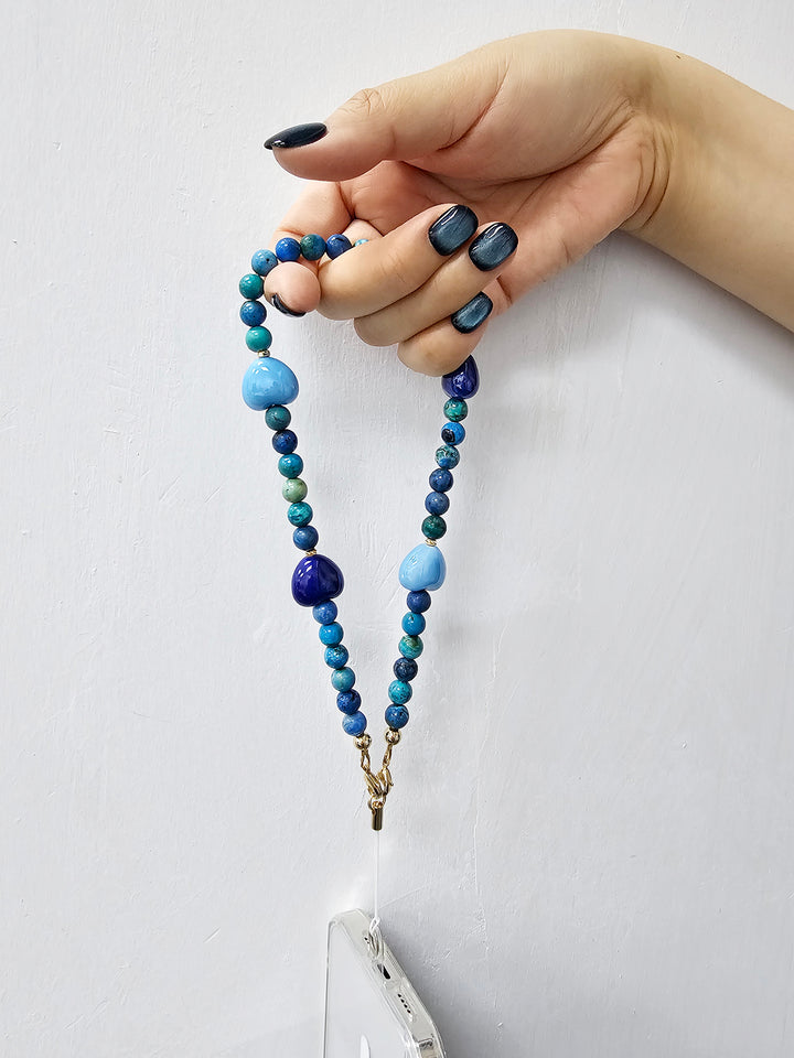 Blue Opal Gemstone With Blue Ceramic Hearts Phone Strap PC049