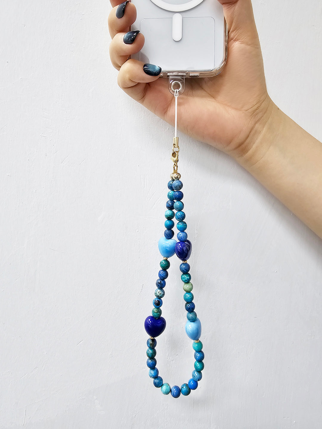 Blue Opal Gemstone With Blue Ceramic Hearts Phone Strap PC049