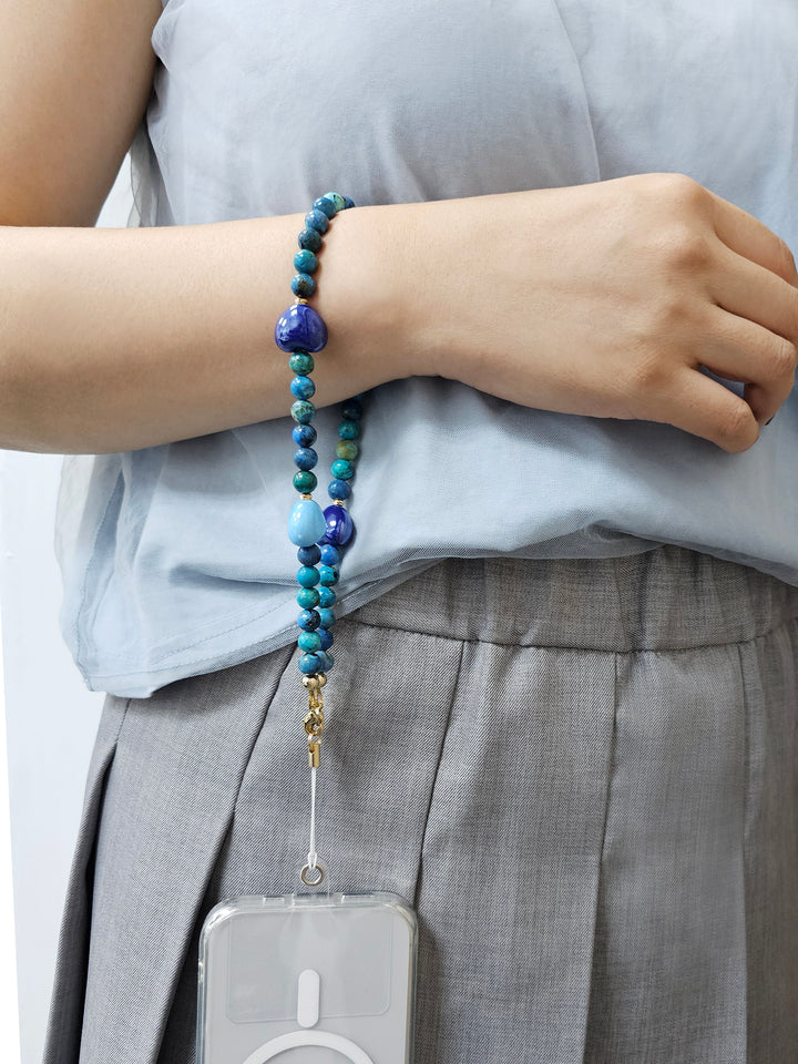 Blue Opal Gemstone With Blue Ceramic Hearts Phone Strap PC049