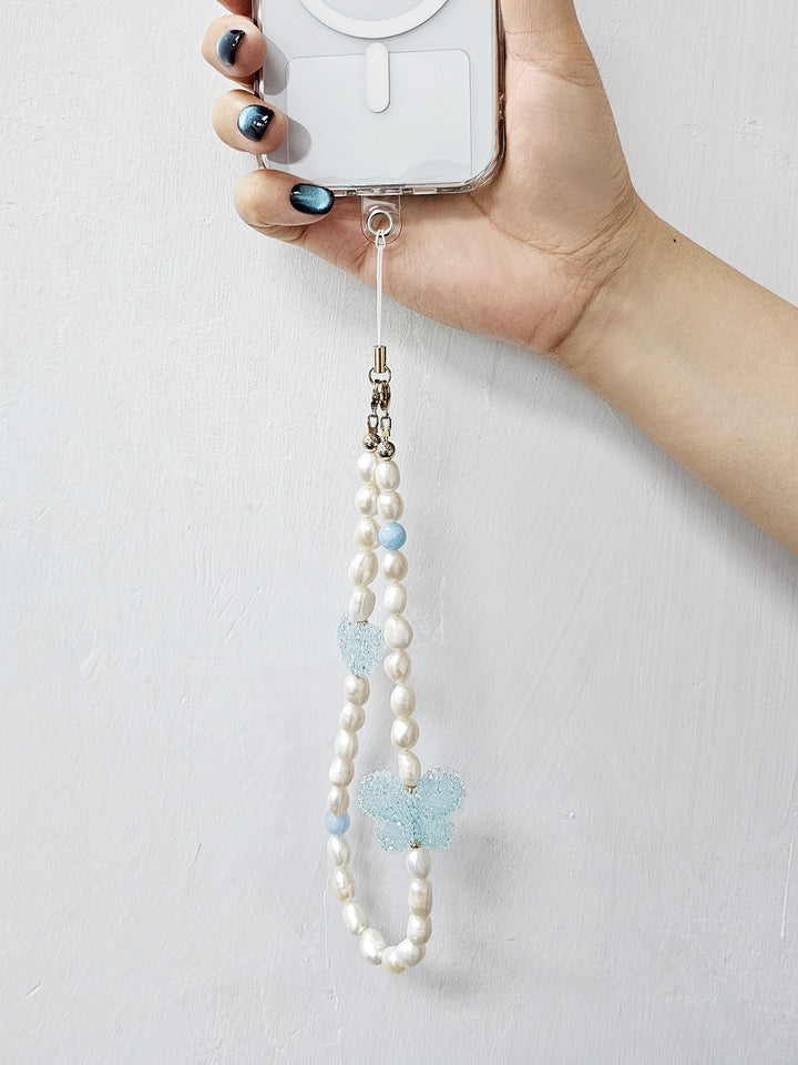 Freshwater Pearls With Blue Candy Style Butterfly Lovely Phone Strap PC051