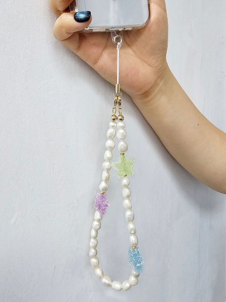Playful Freshwater Pearls With Colorful Stars Phone Strap PC053