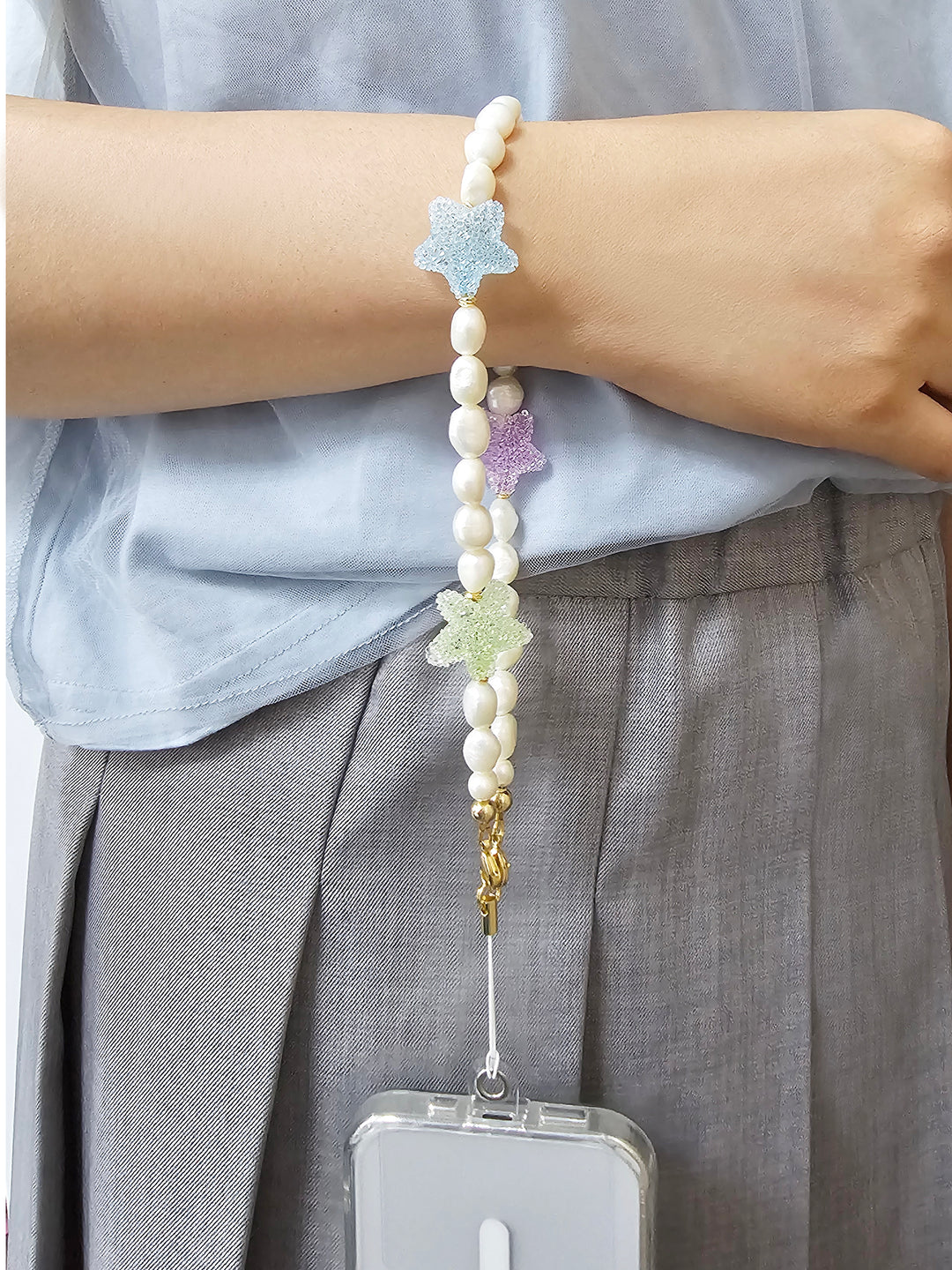 Playful Freshwater Pearls With Colorful Stars Phone Strap PC053