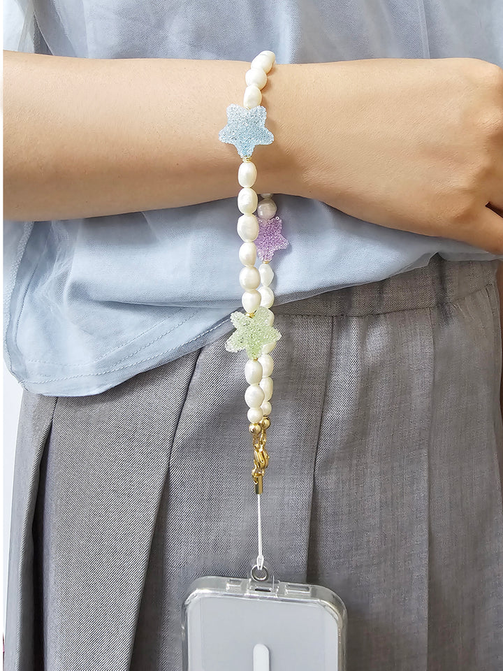 Playful Freshwater Pearls With Colorful Stars Phone Strap PC053