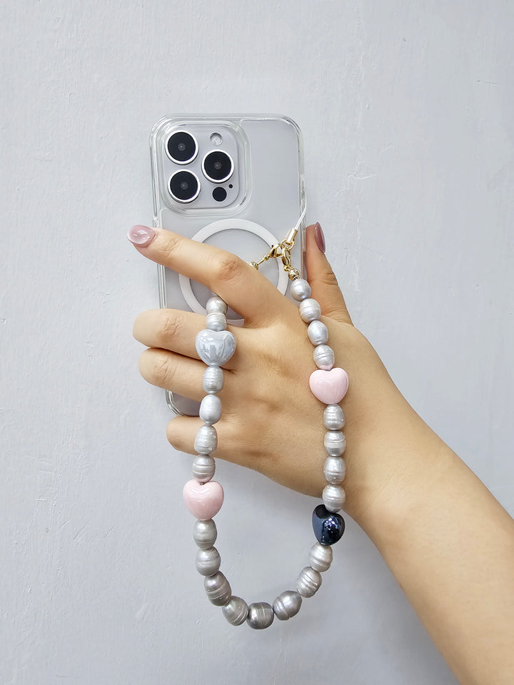 Gray Freshwater Pearls With Pink Ceramic Hearts Phone Strap PC047
