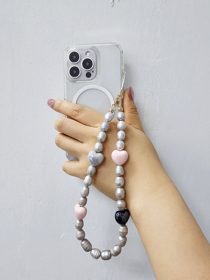 Gray Freshwater Pearls With Pink Ceramic Hearts Phone Strap PC047