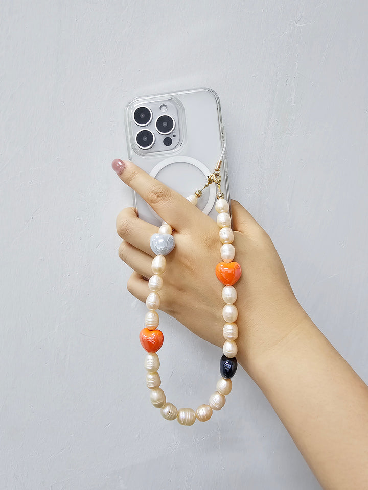 Orange Freshwater Pearls With Orange Ceramic Hearts Lovely Phone Strap PC046