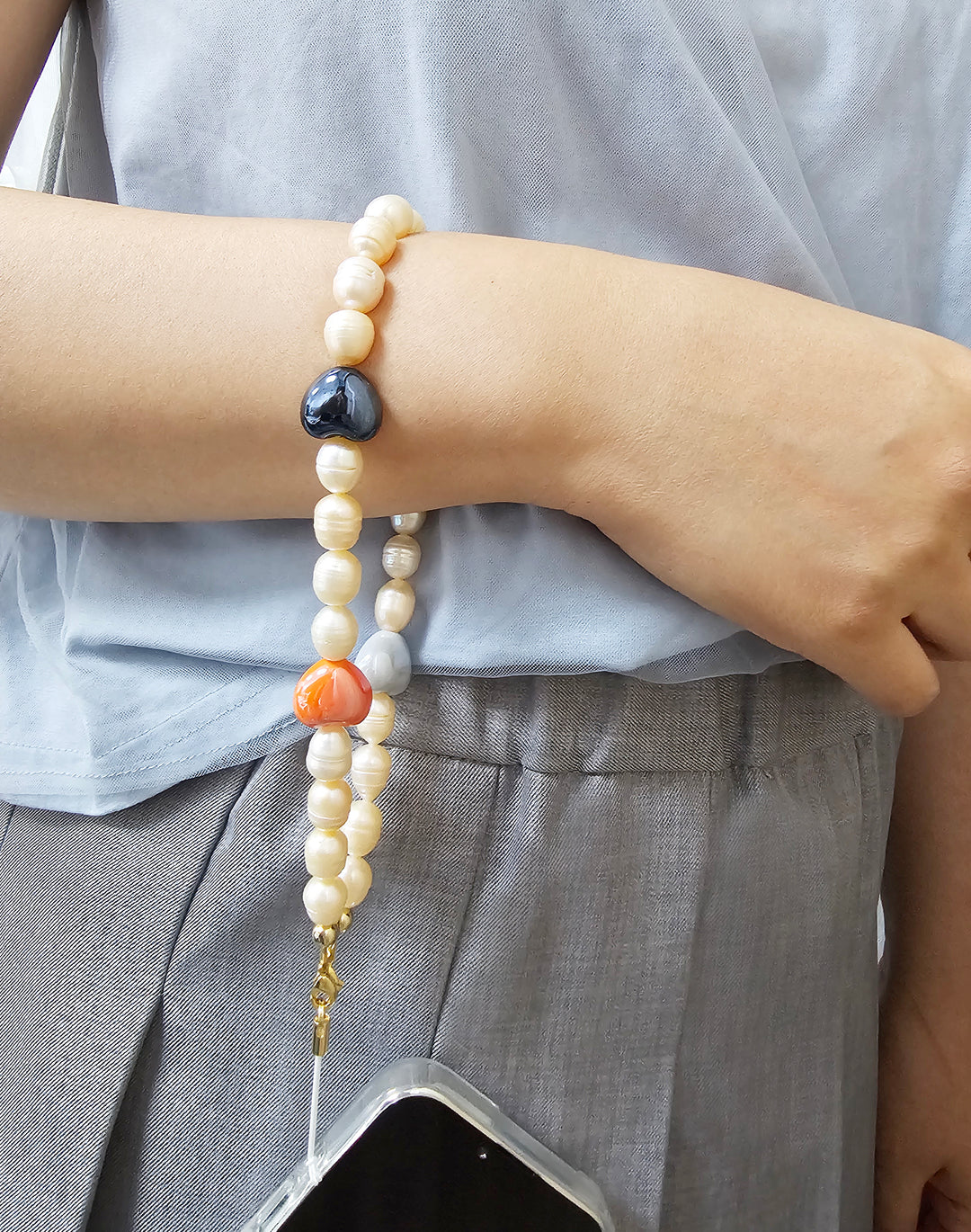 Orange Freshwater Pearls With Orange Ceramic Hearts Lovely Phone Strap PC046