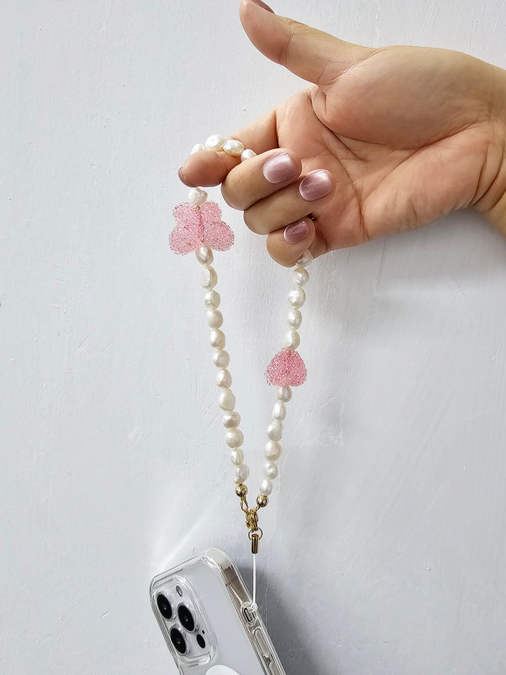 Freshwater Pearls With Candy Style Pink Butterfly Phone Strap PC050