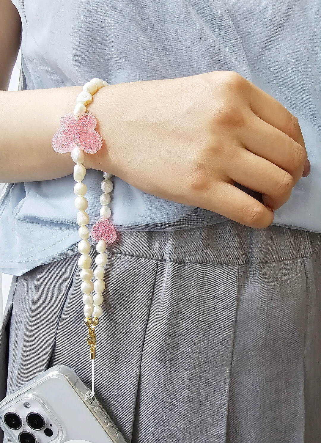 Freshwater Pearls With Candy Style Pink Butterfly Phone Strap PC050