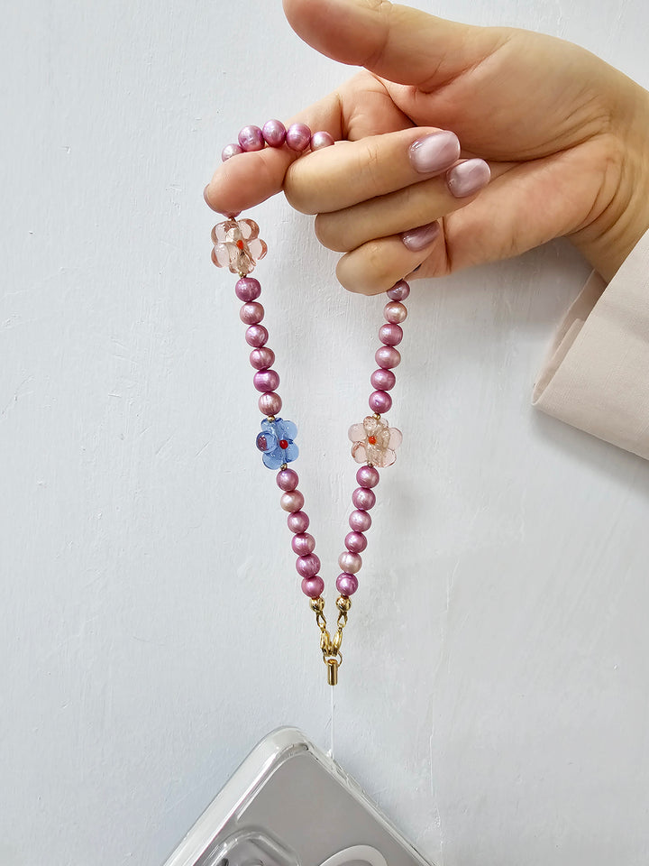 Pink Freshwater Pearls With Flowers Lovely Phone Strap PC056