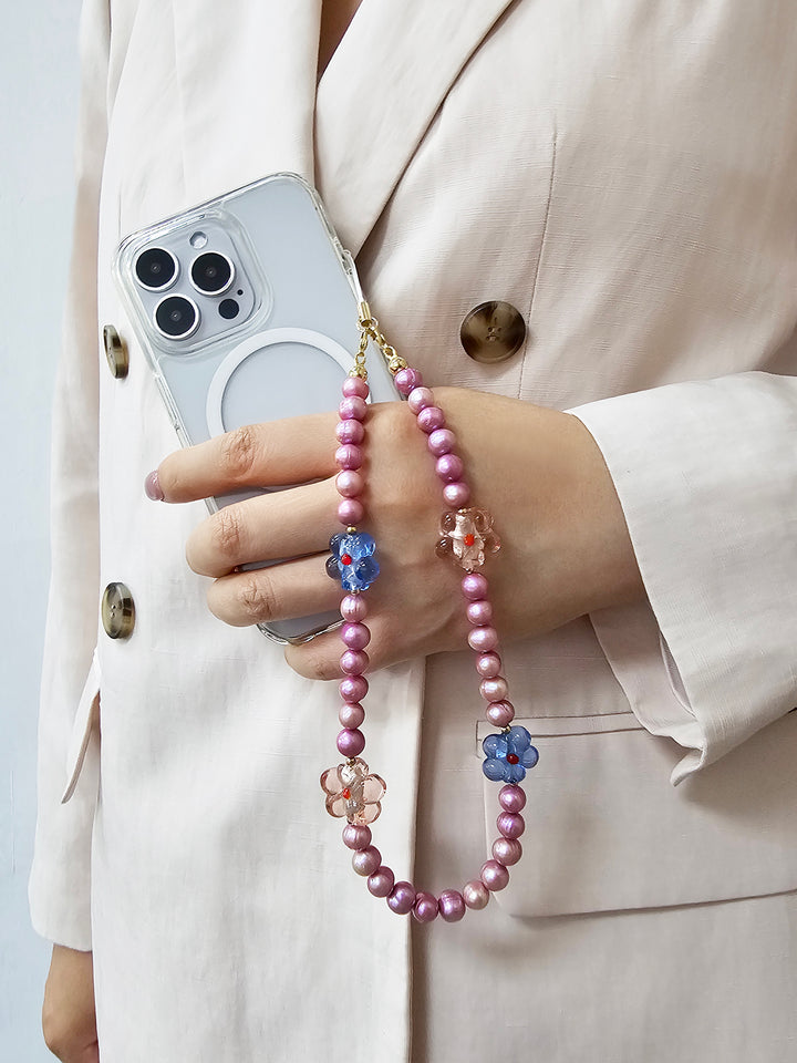 Pink Freshwater Pearls With Flowers Lovely Phone Strap PC056
