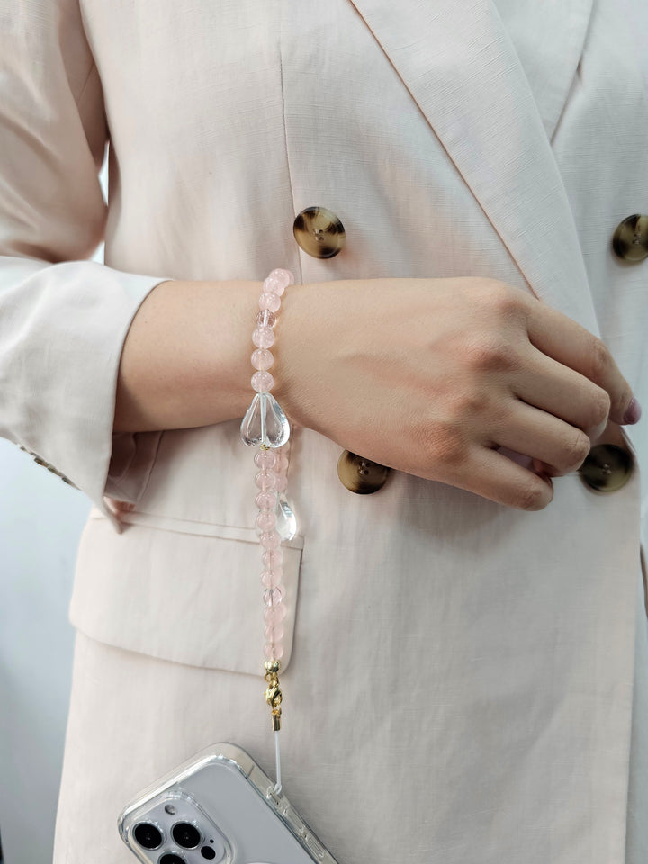 Rose Quartz With White Quartz Hearts Gemstone Phone Strap PC054