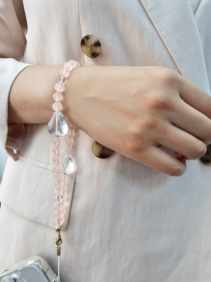 Rose Quartz With White Quartz Hearts Gemstone Phone Strap PC054