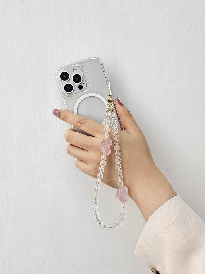 White Quartz With Rose Quartz Hearts Attract Romance Phone Strap PC041