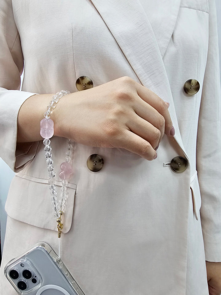 White Quartz With Rose Quartz Hearts Attract Romance Phone Strap PC041