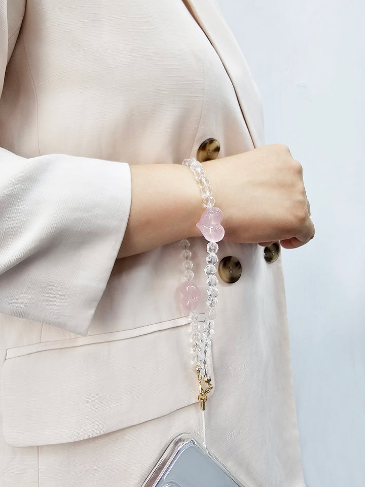 White Quartz With Rose Quartz Hearts Attract Romance Phone Strap PC041