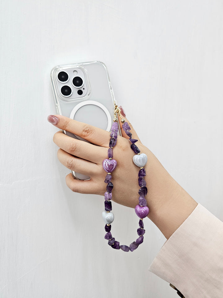 Irregular Amethyst With Hearts Gemstone Phone Strap PC059