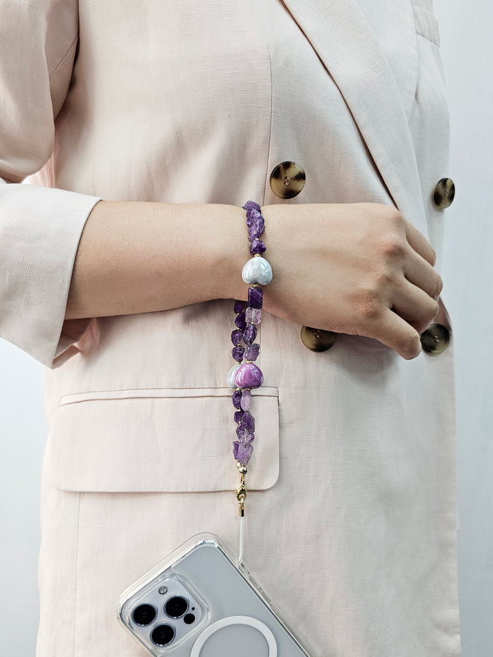 Irregular Amethyst With Hearts Gemstone Phone Strap PC059