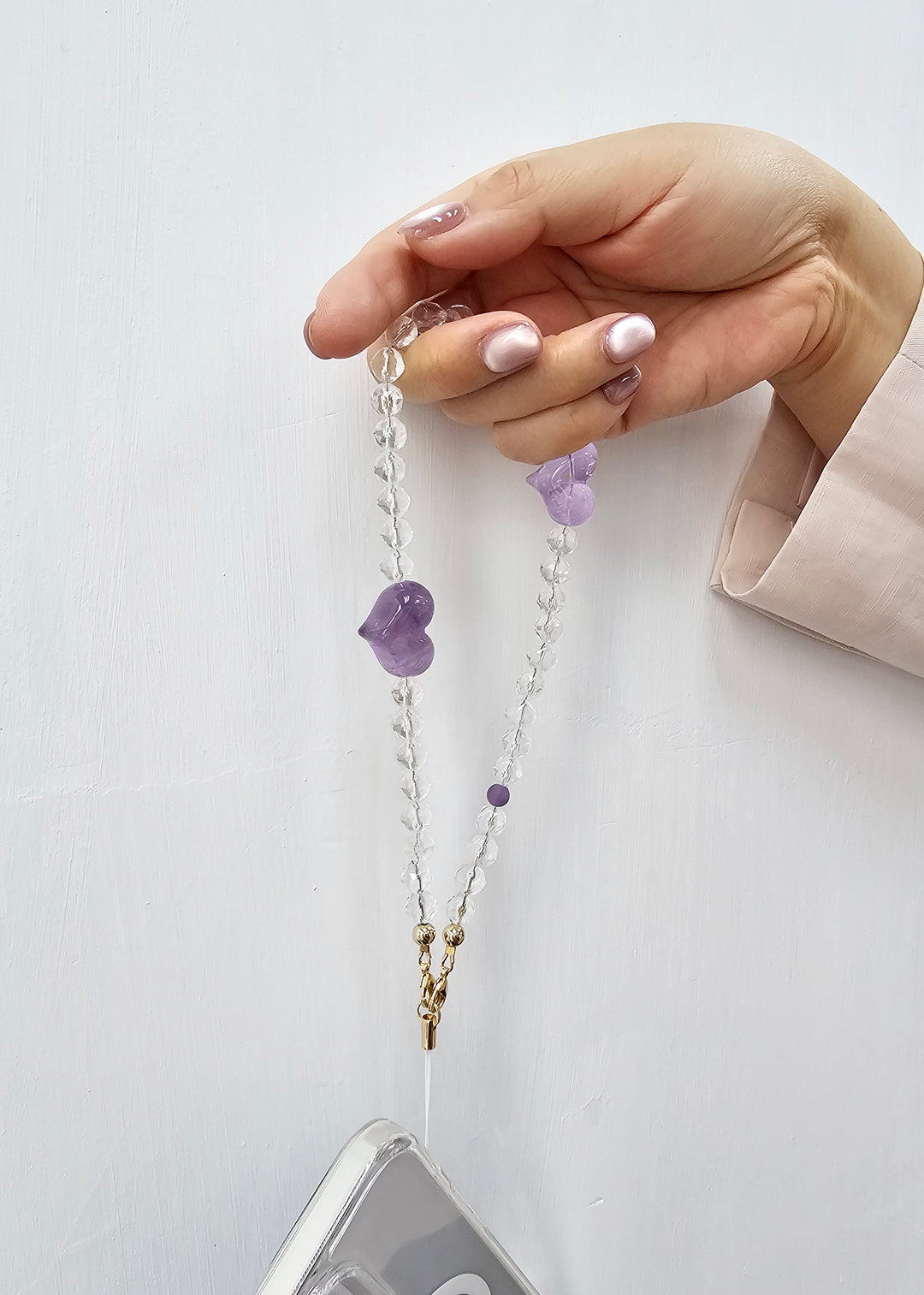 Heart-Shaped Amethyst and White Quartz Attracting Wealth Phone Strap PC040