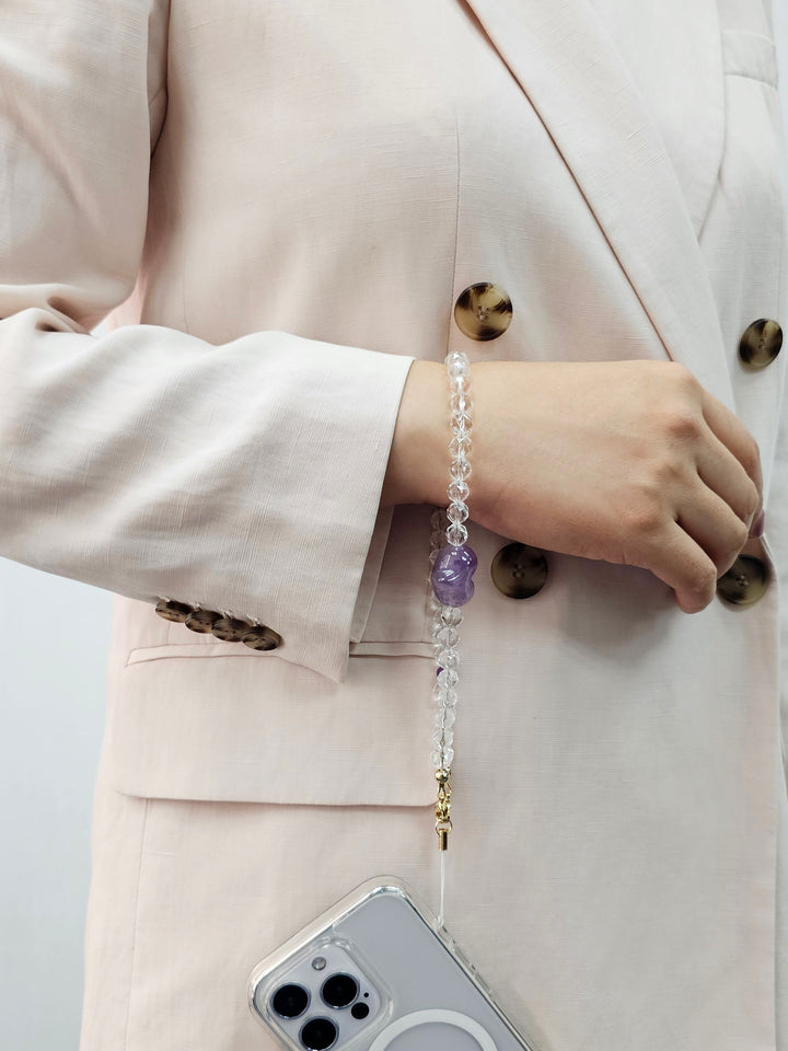 Heart-Shaped Amethyst and White Quartz Attracting Wealth Phone Strap PC040