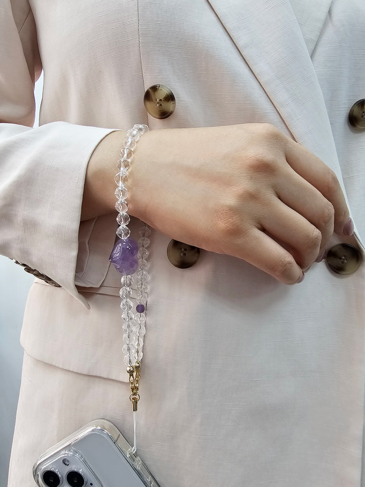 Heart-Shaped Amethyst and White Quartz Attracting Wealth Phone Strap PC040