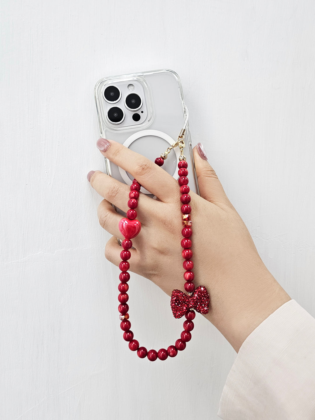 Red Bamboo Coral With Red Rhinestone Butterfly Knot Phone Strap PC069