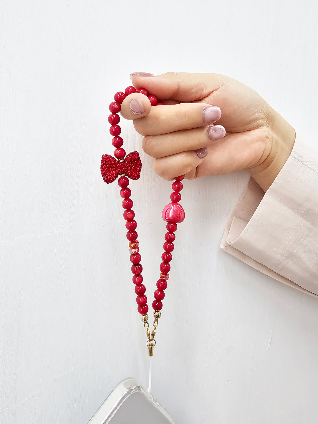 Red Bamboo Coral With Red Rhinestone Butterfly Knot Phone Strap PC069