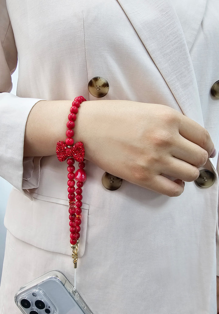 Red Bamboo Coral With Red Rhinestone Butterfly Knot Phone Strap PC069