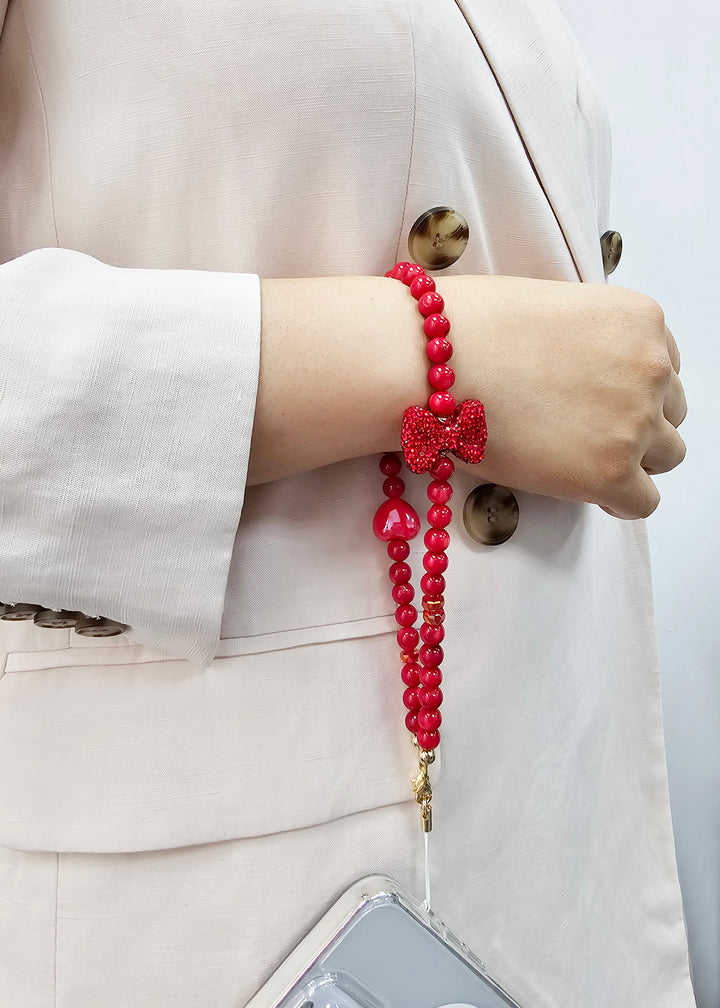 Red Bamboo Coral With Red Rhinestone Butterfly Knot Phone Strap PC069
