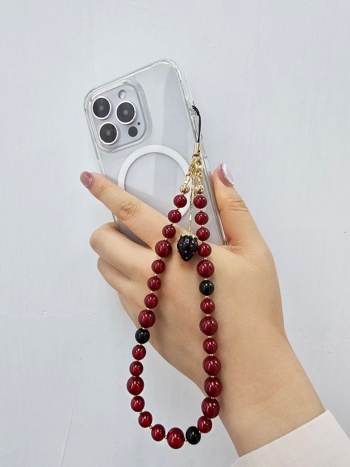 Red Beads With Black Strawberry Charm Phone Strap PC070