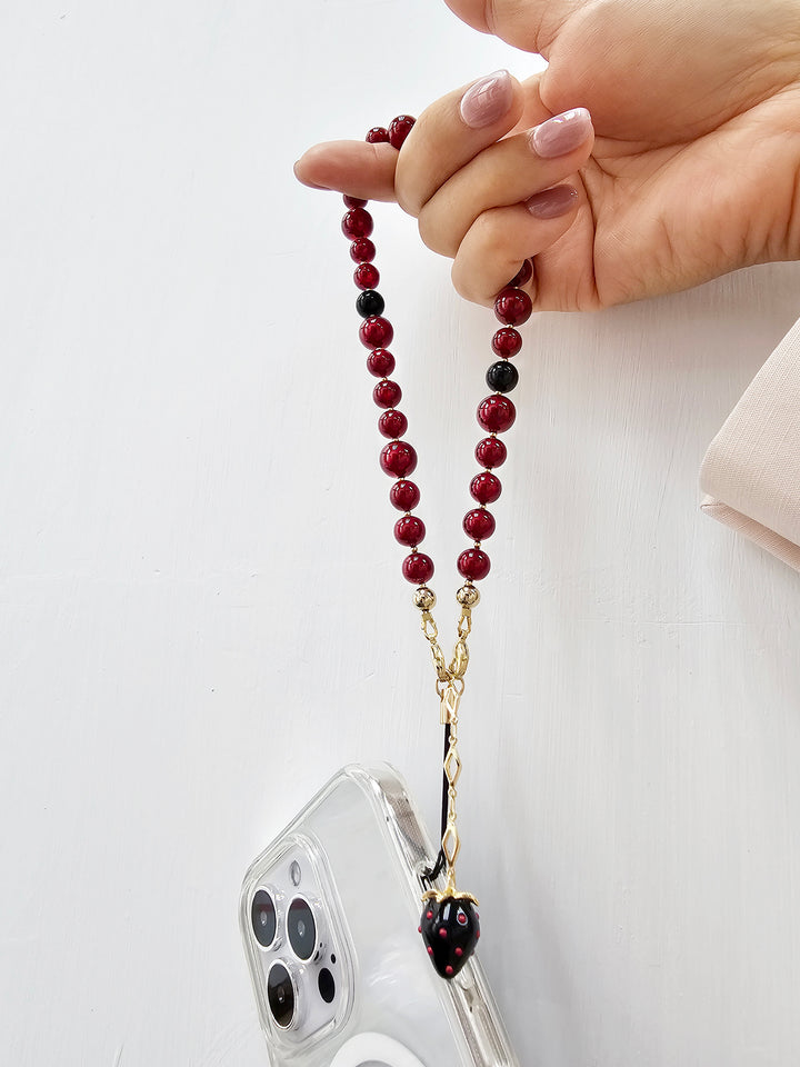 Red Beads With Black Strawberry Charm Phone Strap PC070