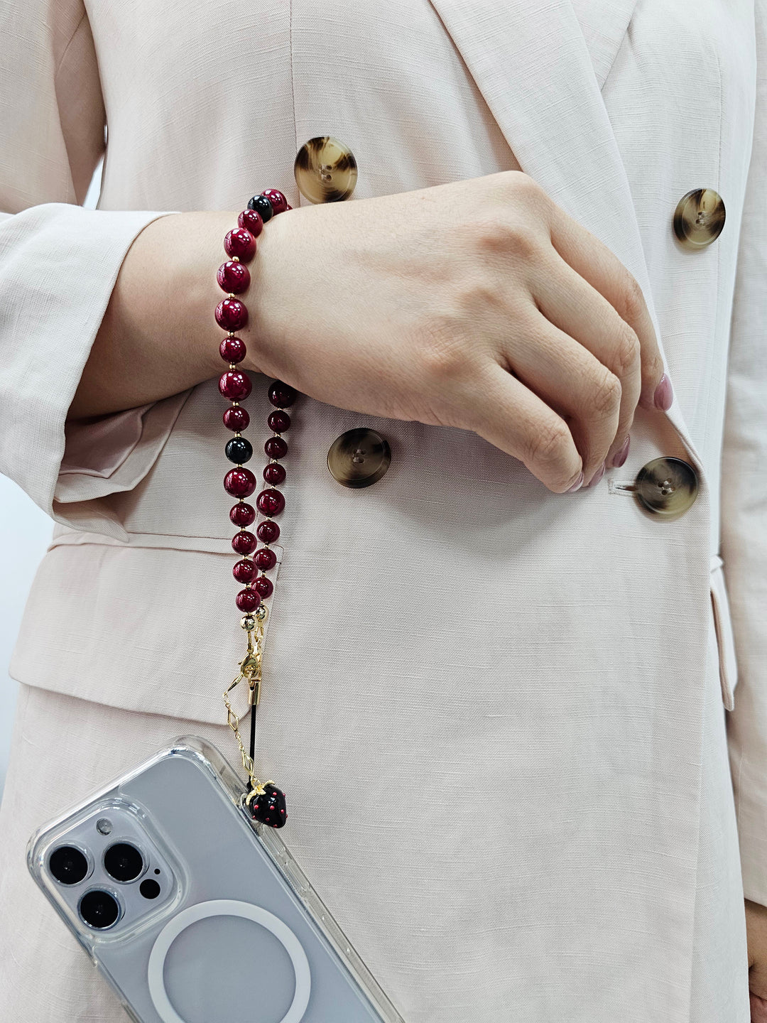 Red Beads With Black Strawberry Charm Phone Strap PC070
