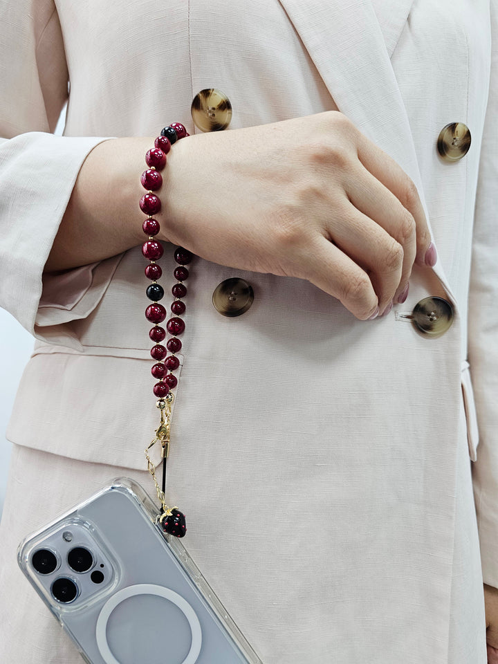 Red Beads With Black Strawberry Charm Phone Strap PC070