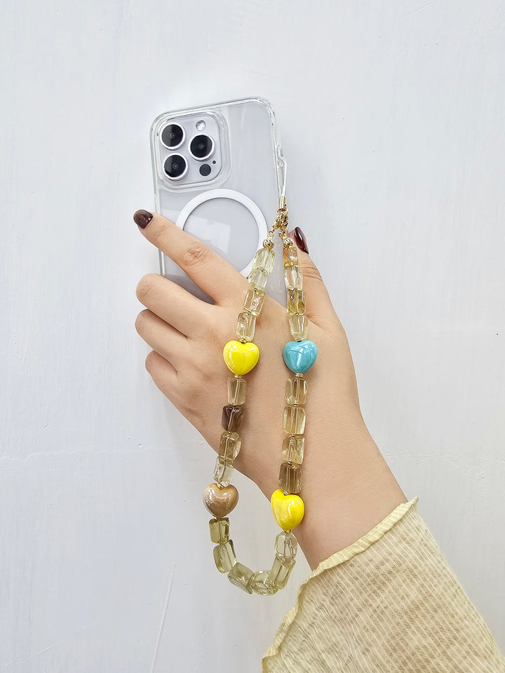 Faceted Citrine With Colorful Hearts Gemstone Phone Strap PC044