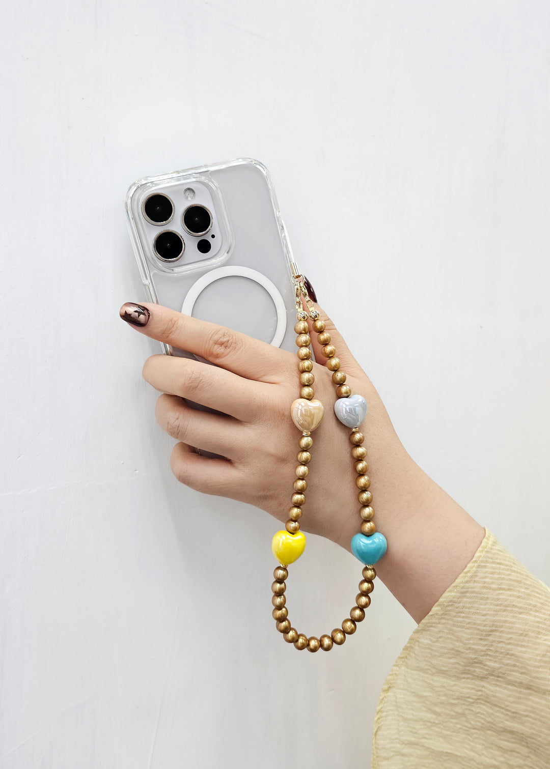 Golden Color Freshwater Pearls With Colorful Ceramic Hearts Phone Strap PC048