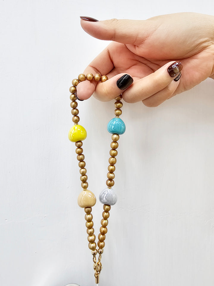 Golden Color Freshwater Pearls With Colorful Ceramic Hearts Phone Strap PC048