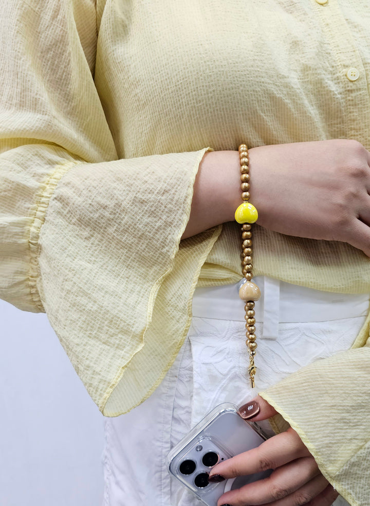 Golden Color Freshwater Pearls With Colorful Ceramic Hearts Phone Strap PC048