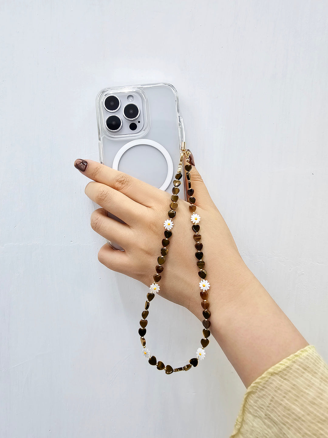 Heart Shaped Tiger-eye With Flower Shell Phone Strap PC072