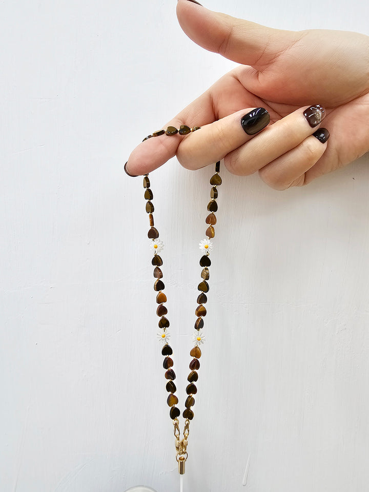 Heart Shaped Tiger-eye With Flower Shell Phone Strap PC072