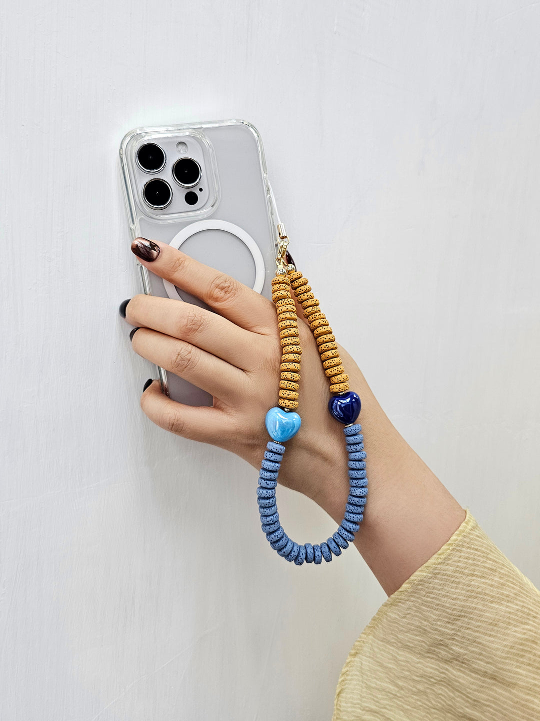 Yellow And Blue Lava Stone With Ceramic Hearts Phone Strap PC060