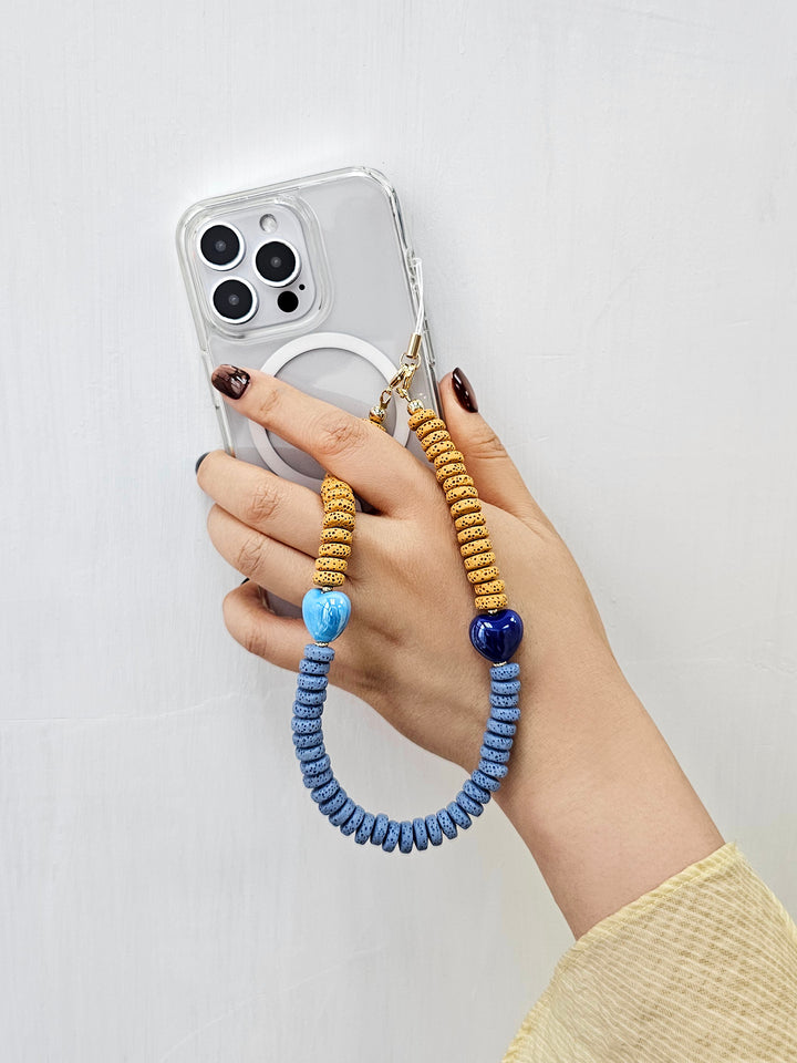 Yellow And Blue Lava Stone With Ceramic Hearts Phone Strap PC060
