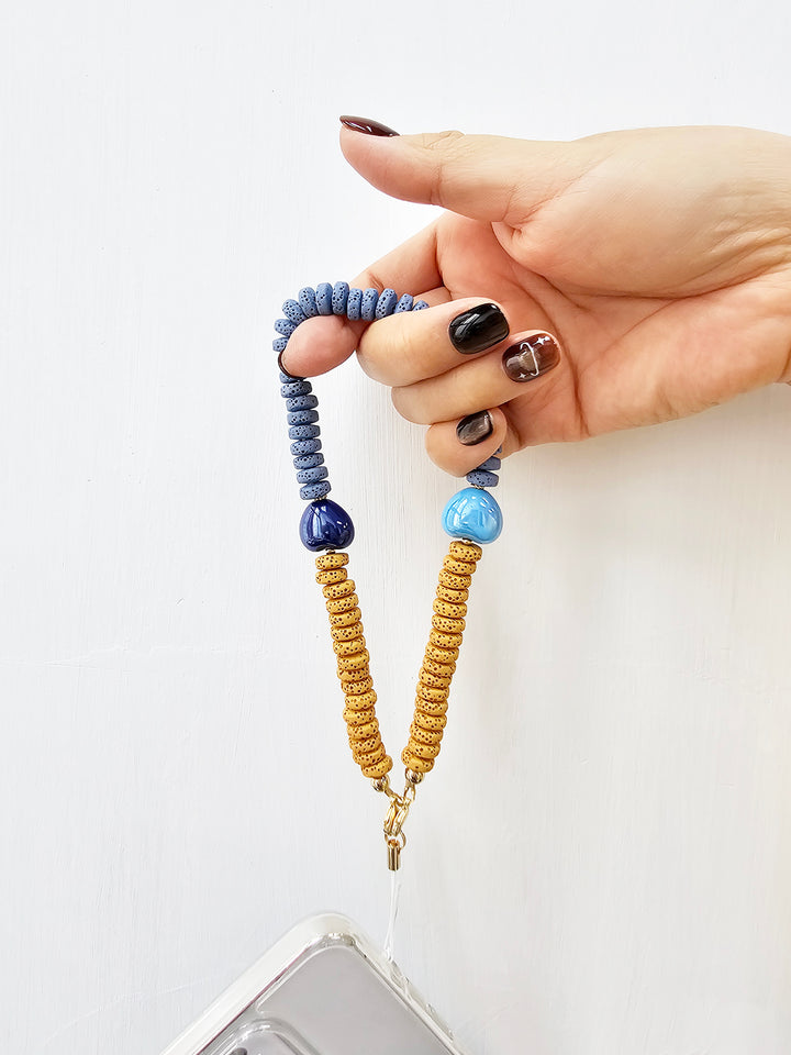 Yellow And Blue Lava Stone With Ceramic Hearts Phone Strap PC060