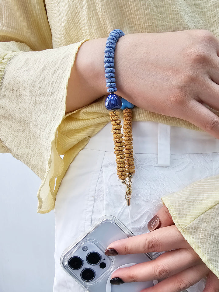 Yellow And Blue Lava Stone With Ceramic Hearts Phone Strap PC060