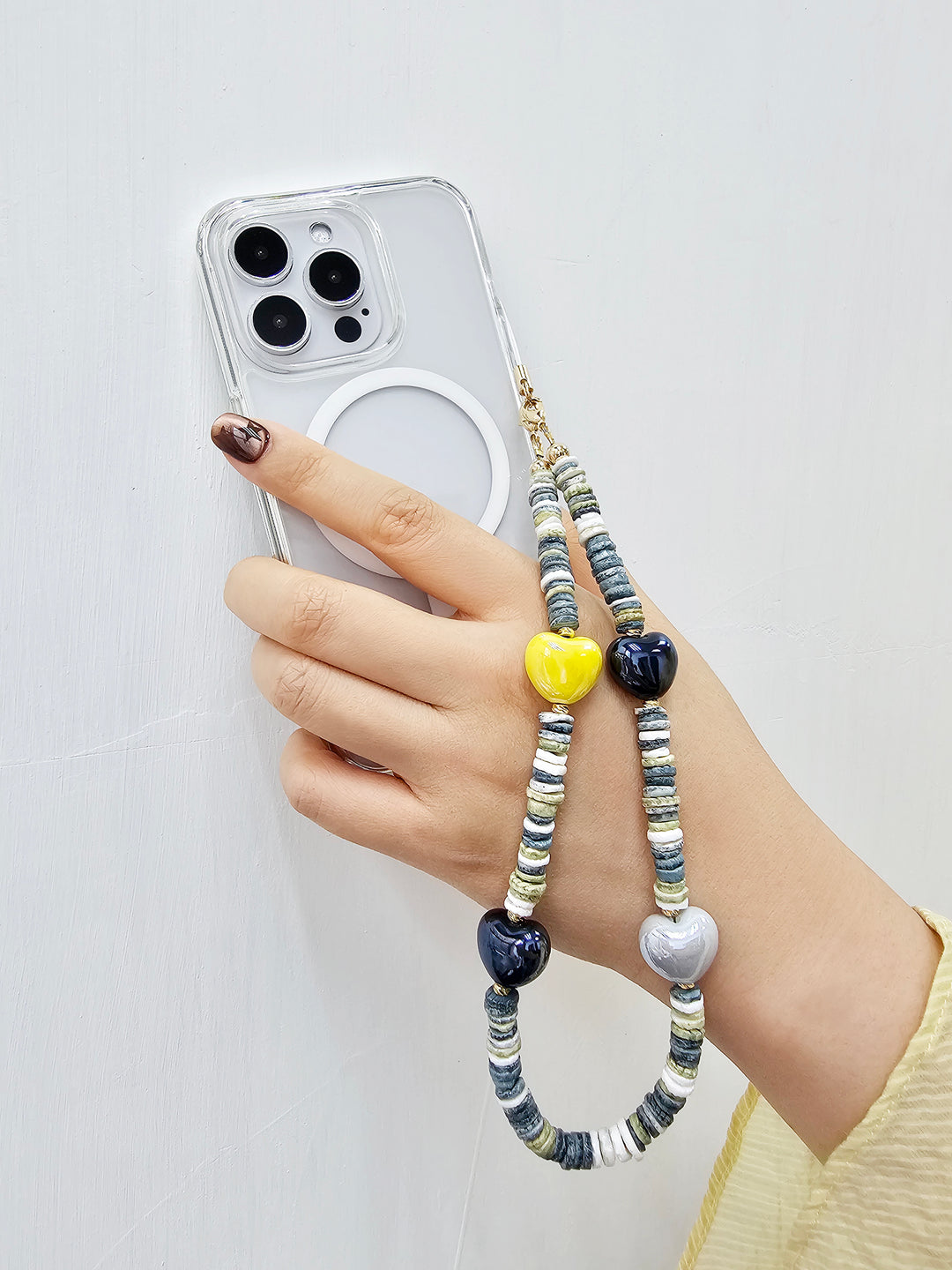 Black Shell With Ceramic Hearts Artistic Phone Strap PC058