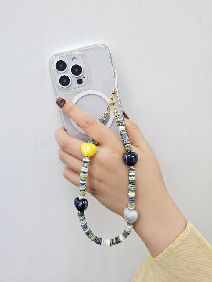Black Shell With Ceramic Hearts Artistic Phone Strap PC058