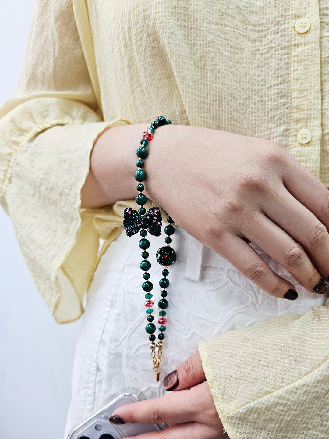 Malachite With Rhinestone Butterfly Knot Phone Strap PC068