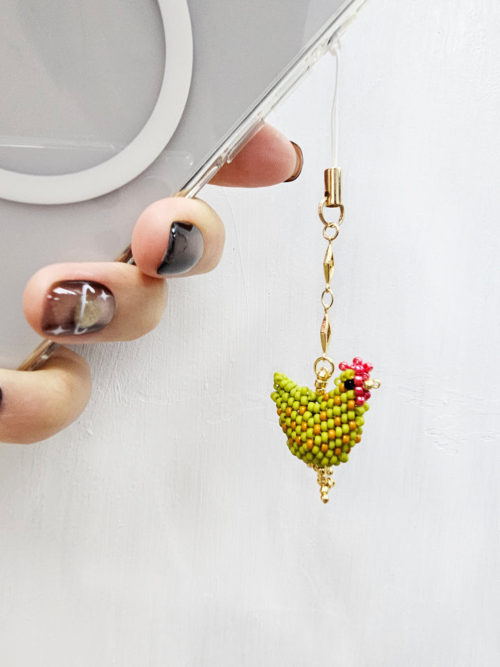 Green Shell With Beaded Chicken Phone Strap PC065
