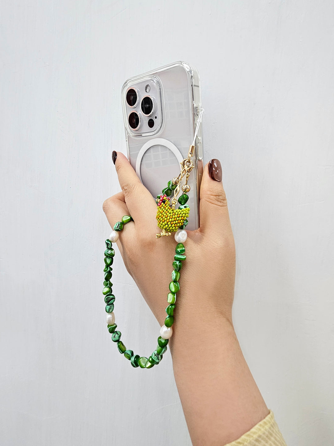 Green Shell With Beaded Chicken Phone Strap PC065